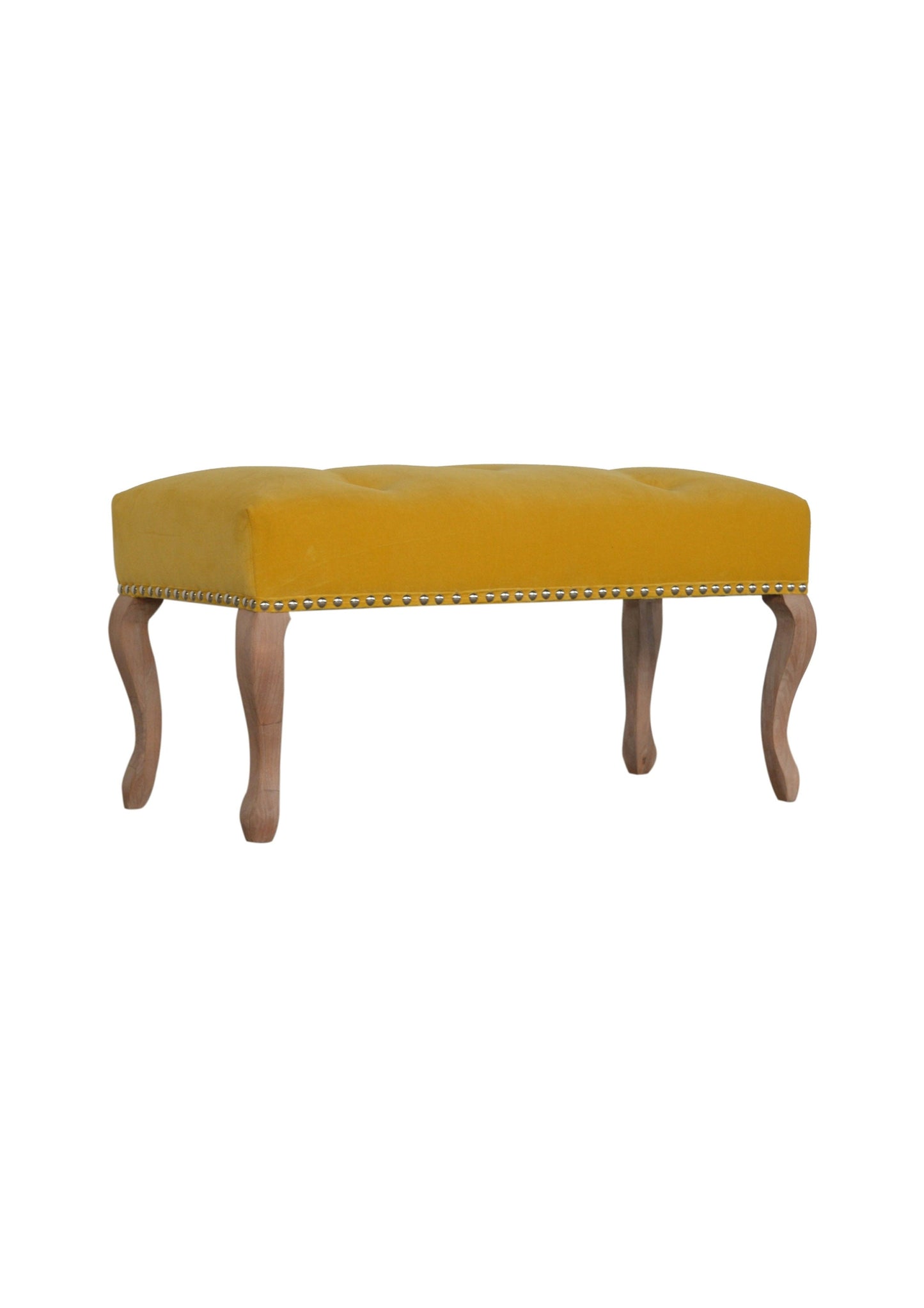 French Country Style Solid Wood Bench Upholstered in Yellow Velvet