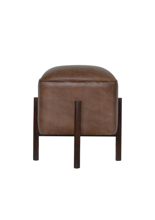 Mid Century Retro Style Brown Leather Footstool with Solid Wood Legs for Living Room Bedroom hallway
