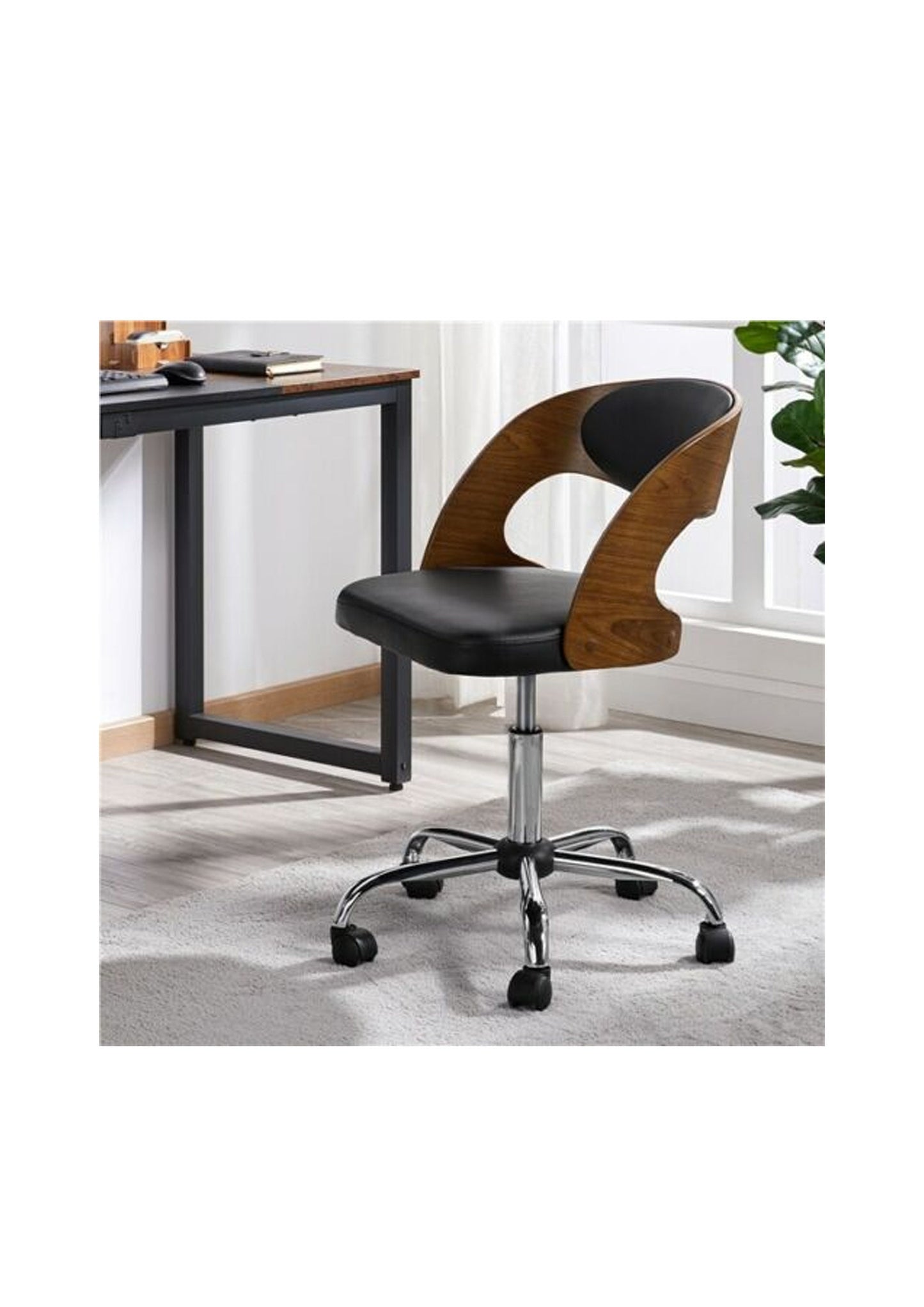 Retro Style Adjustable Office Desk Swivel Chair Bent Plywood and Faux Leather