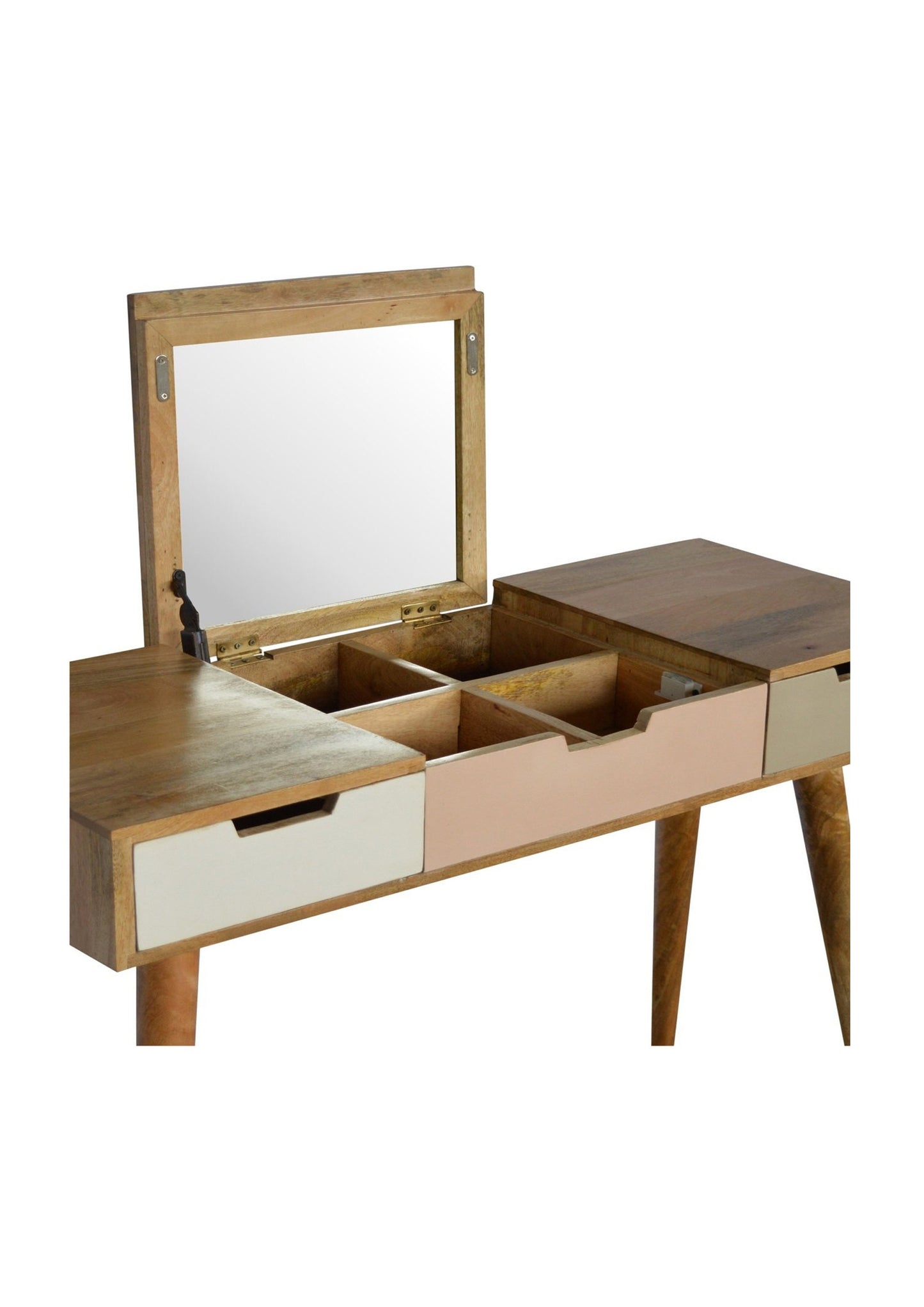 Mid Century Scandi Bogo Style Blush Pink Dressing Table with Foldable Mirror and Drawers