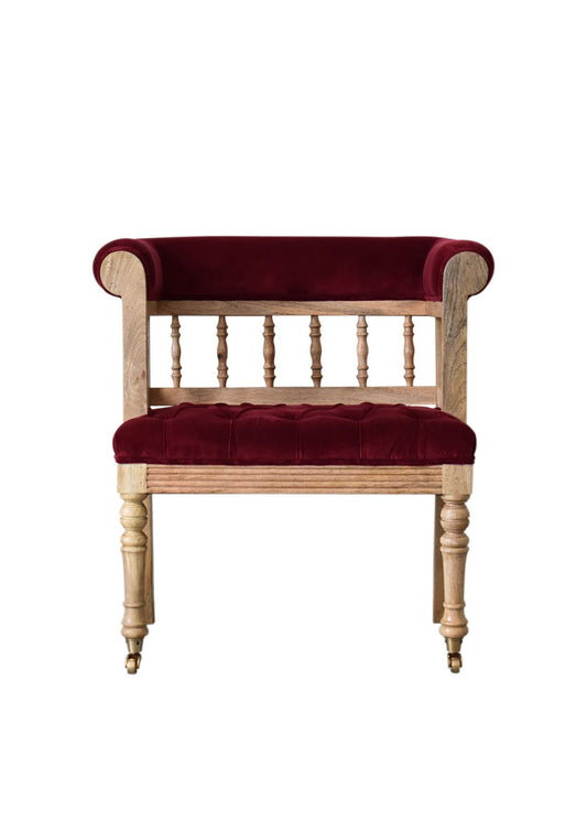 New Luxury Country Style Wine Red Velvet and Solid Wood  Mini Deep Button Hallway Chair