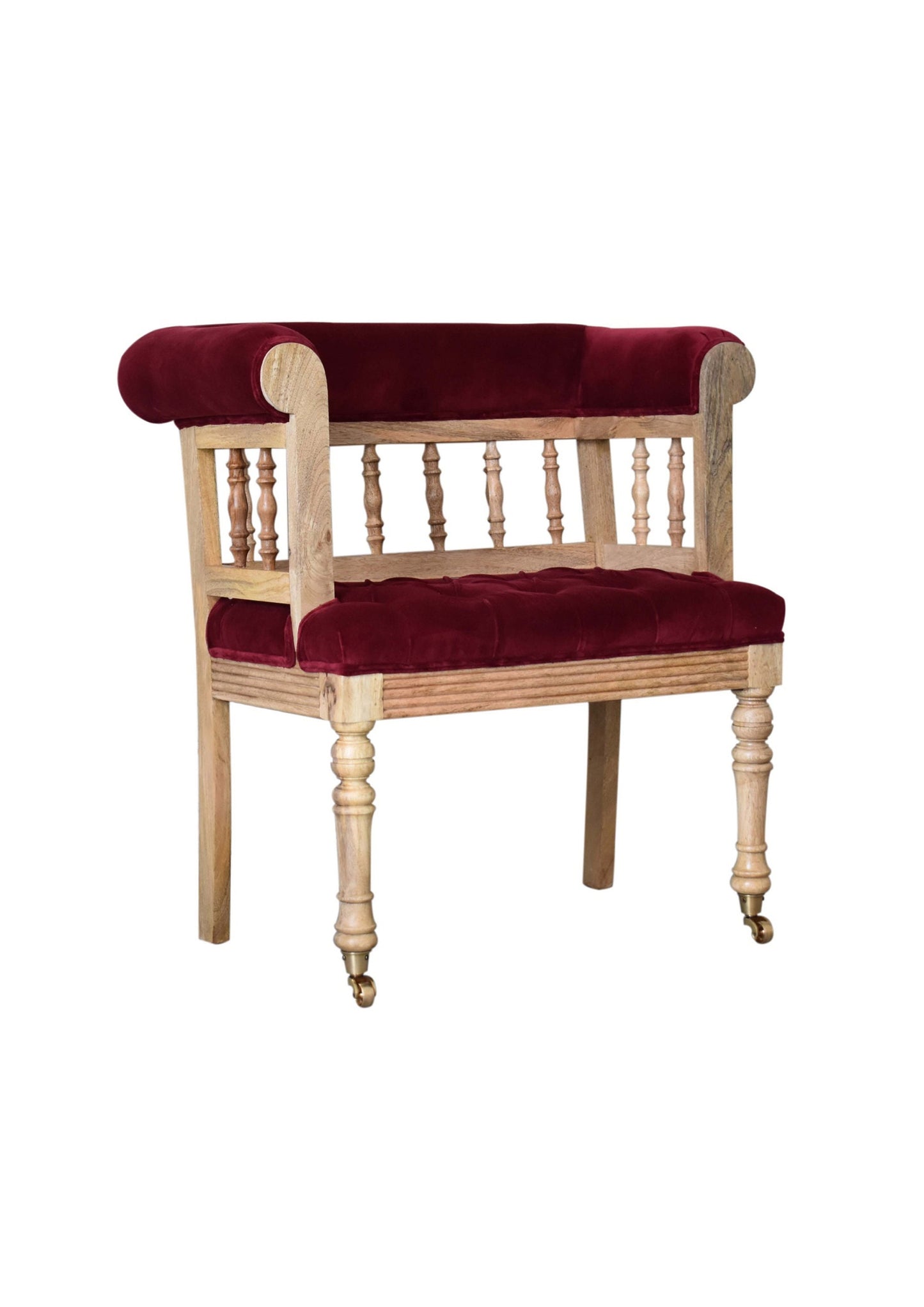 New Luxury Country Style Wine Red Velvet and Solid Wood  Mini Deep Button Hallway Chair