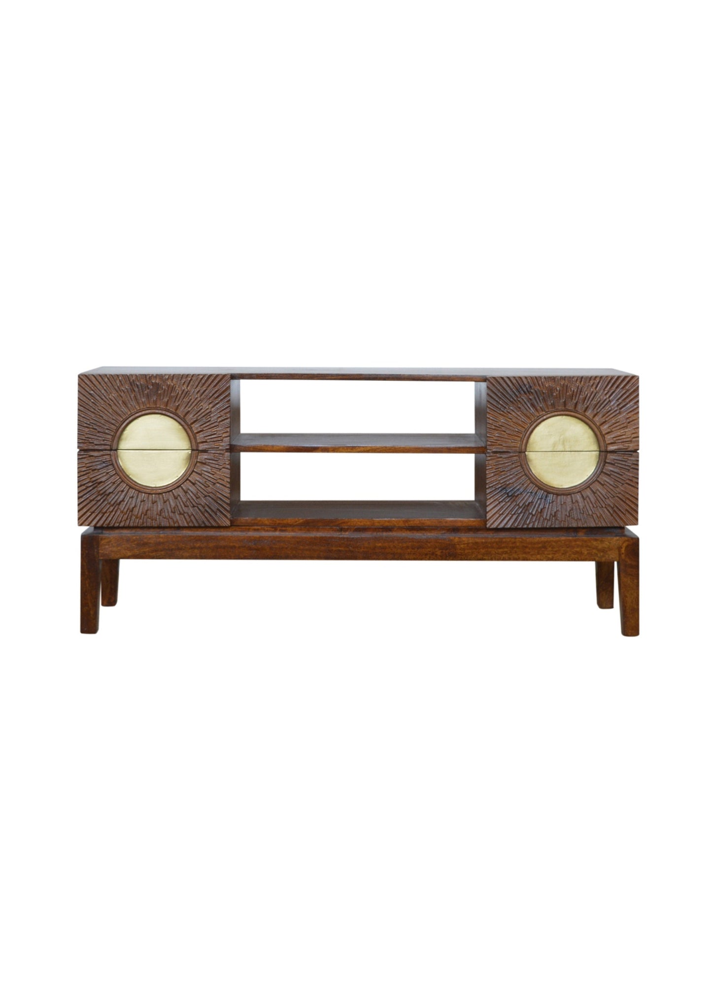 Mid Century Retro Chestnut Finish Media Tv Unit with Carved Gold Detail