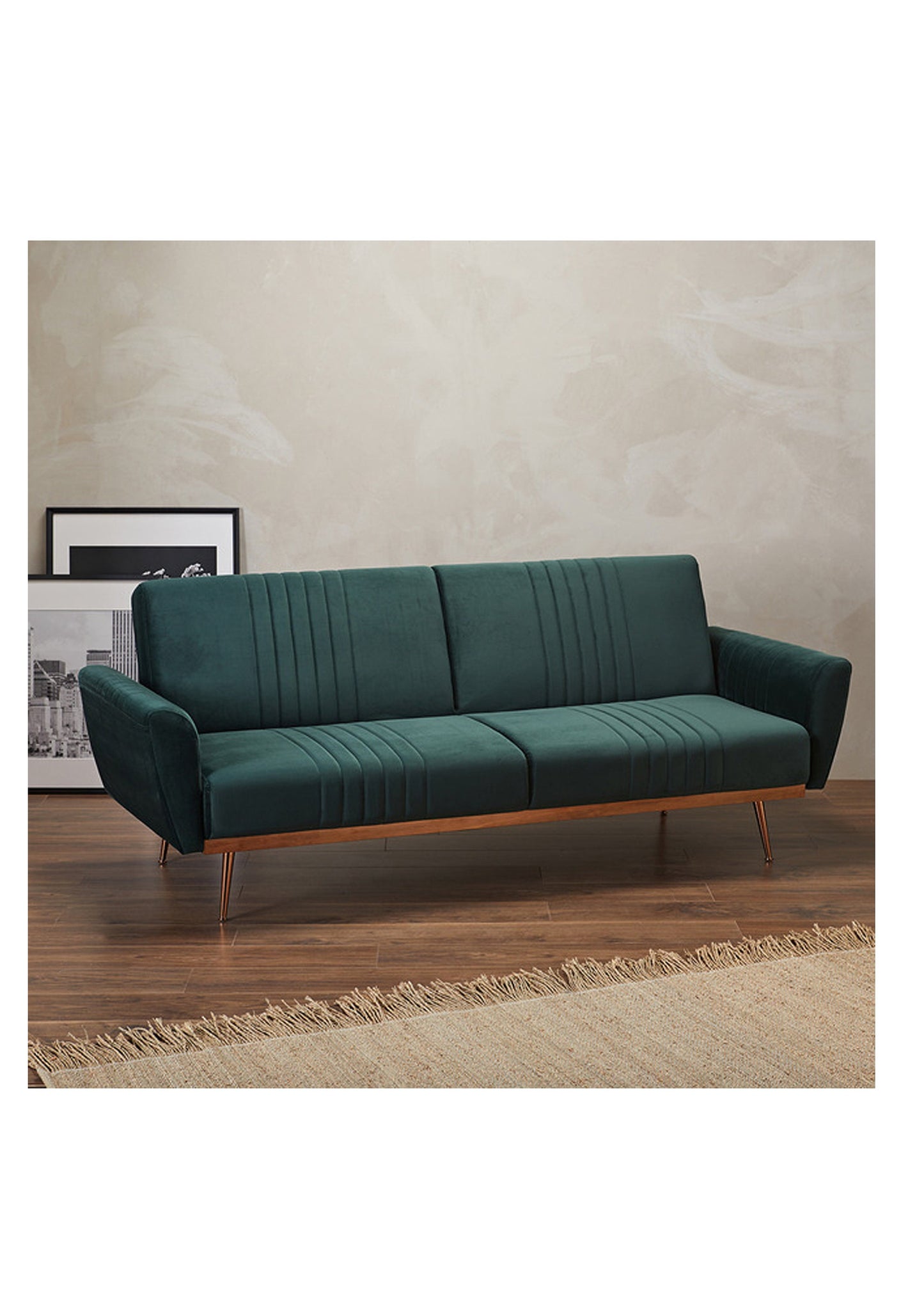Velvet Sofa Bed with Copper Legs Available in Green and Grey