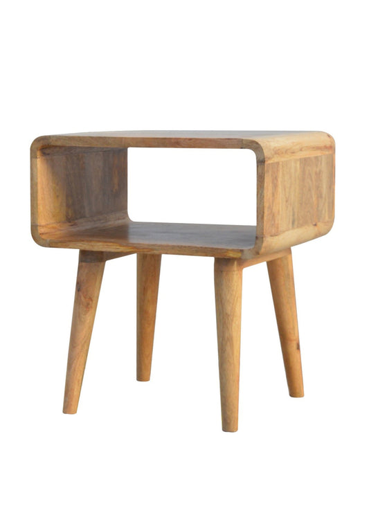 Mid Century Retro Scandi Massivholz Gebogenes offenes Nachttischchen