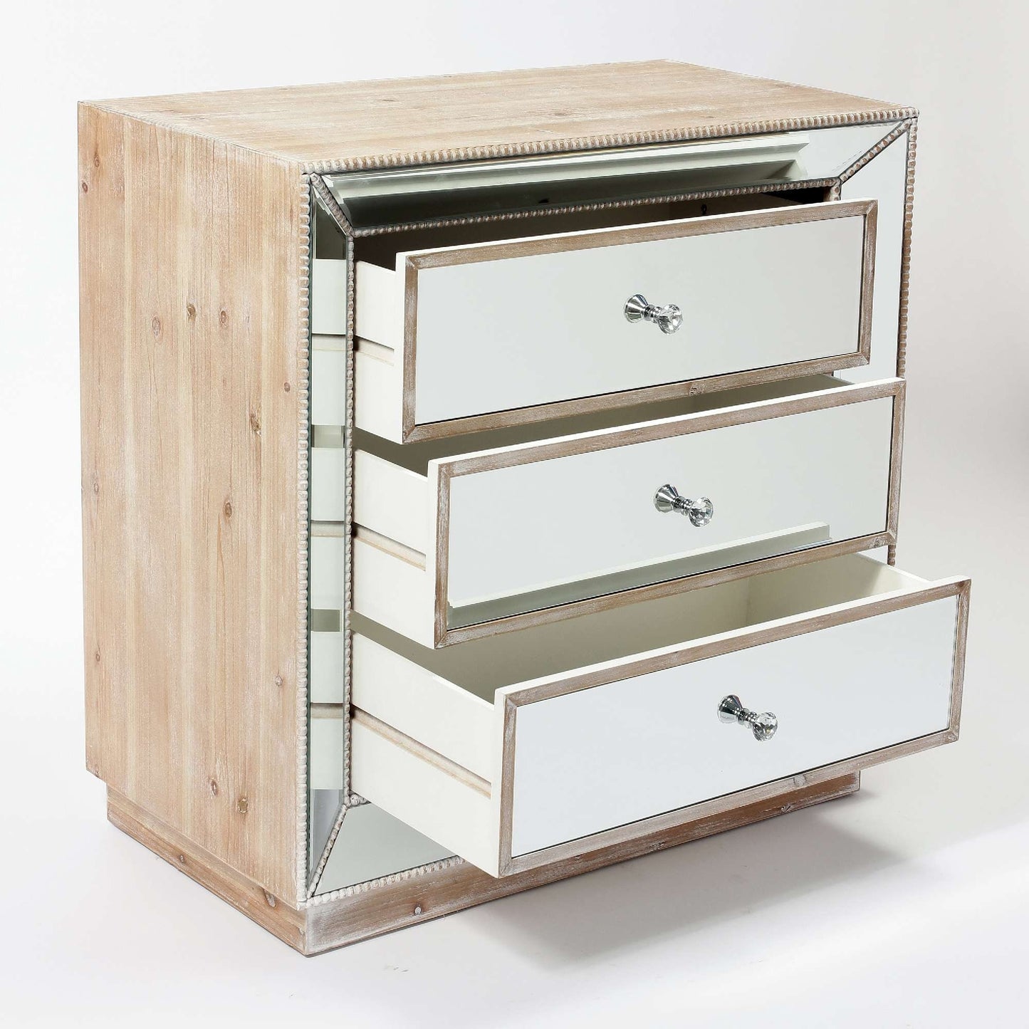 Washed Oak Wooden Pearl Mirrored Chest of Drawers