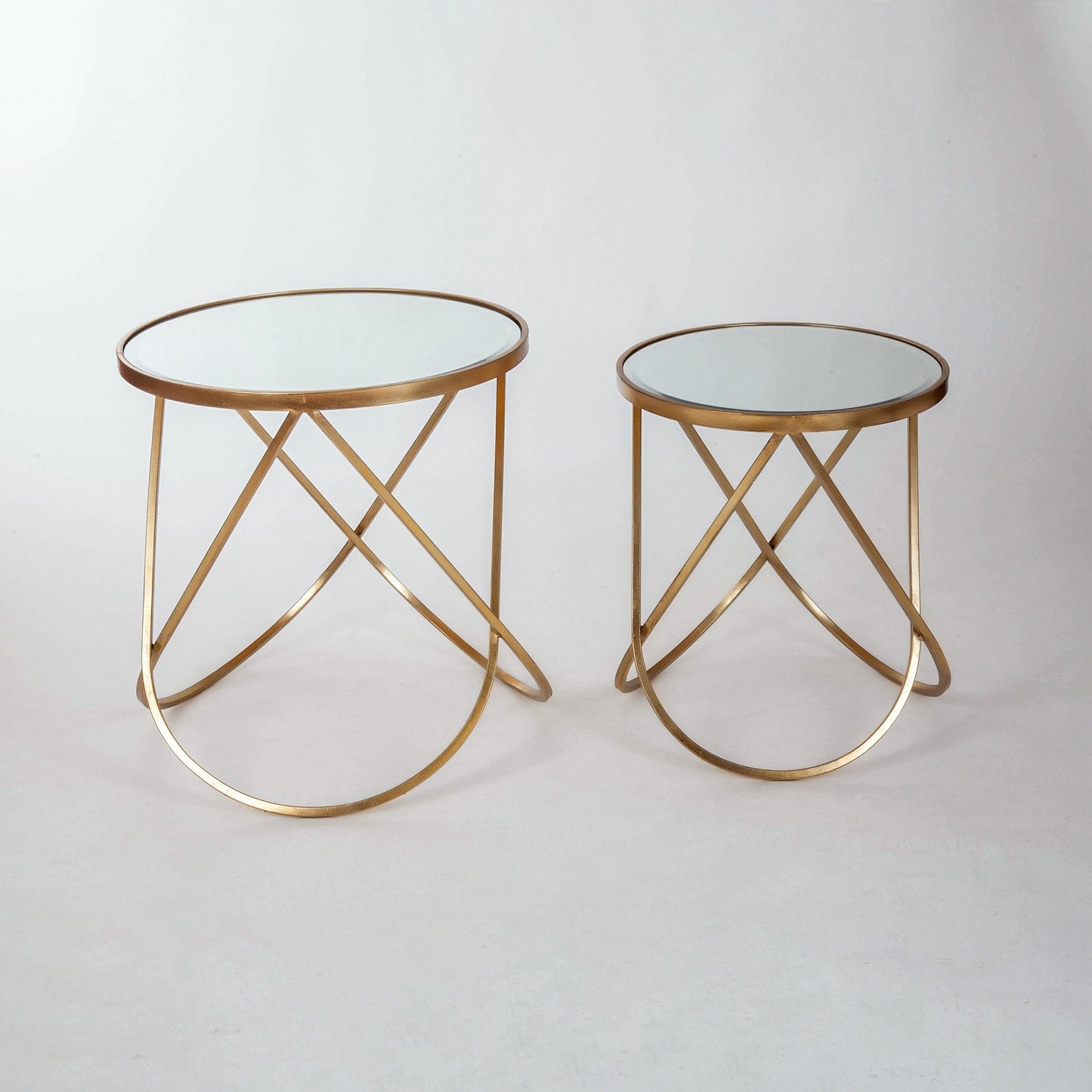 Gold Gilt Metal Mirrored Nest Of Two Side Tables Mirrored with Crossed Frame