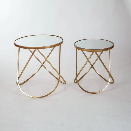 Gold Gilt Metal Mirrored Nest Of Two Side Tables Mirrored with Crossed Frame