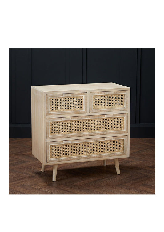 Washed Oak Effect and Oak Rattan Chest of Drawers