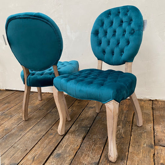 French Style Royal Blue Buttonem Velvet Dining Chair