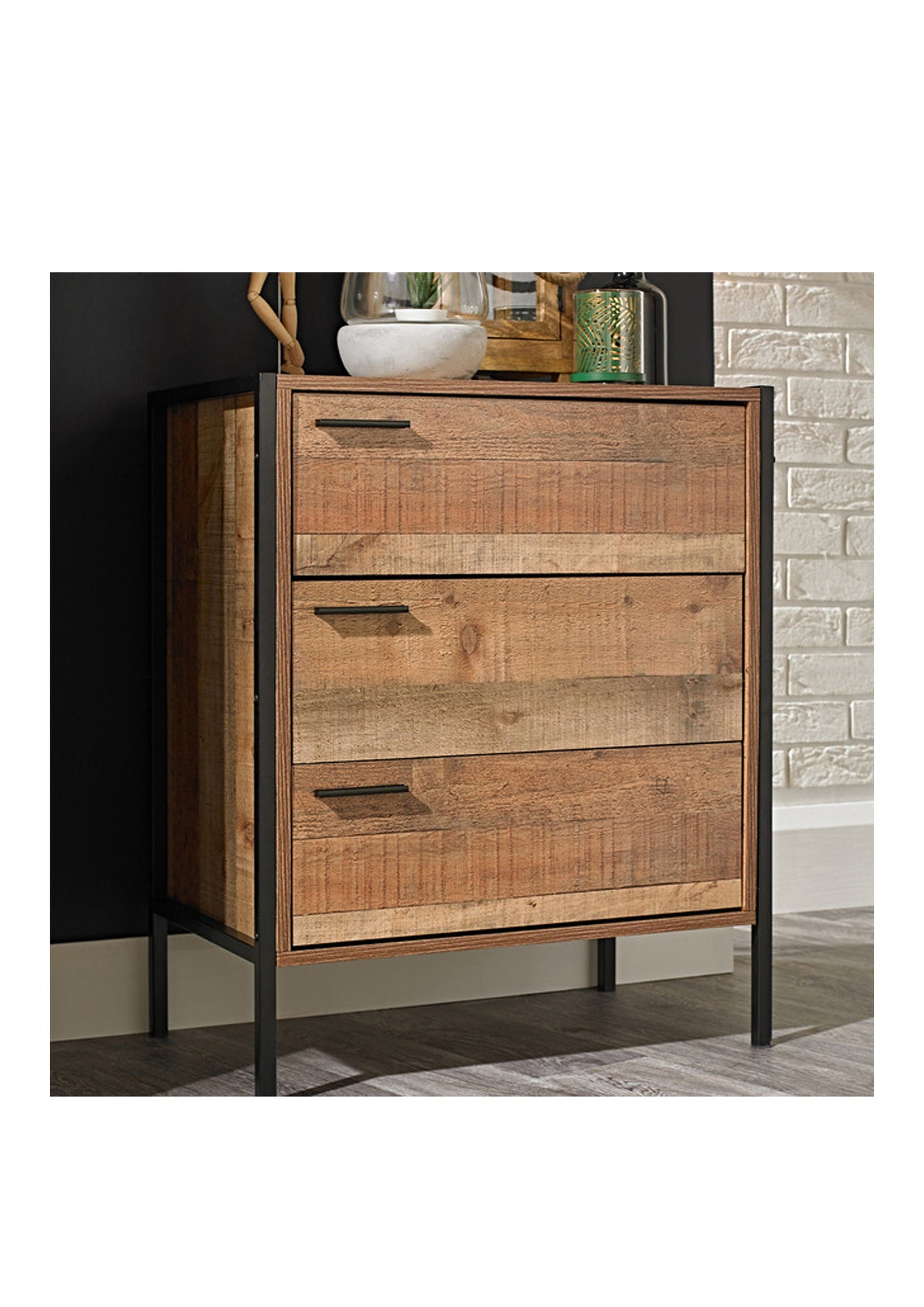Industrial Style Distressed Oak Effect 3 Drawer Chest of Drawers