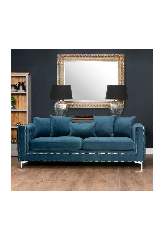 Dreisitzer-Sofa mit Knopfleiste aus blauem Samt