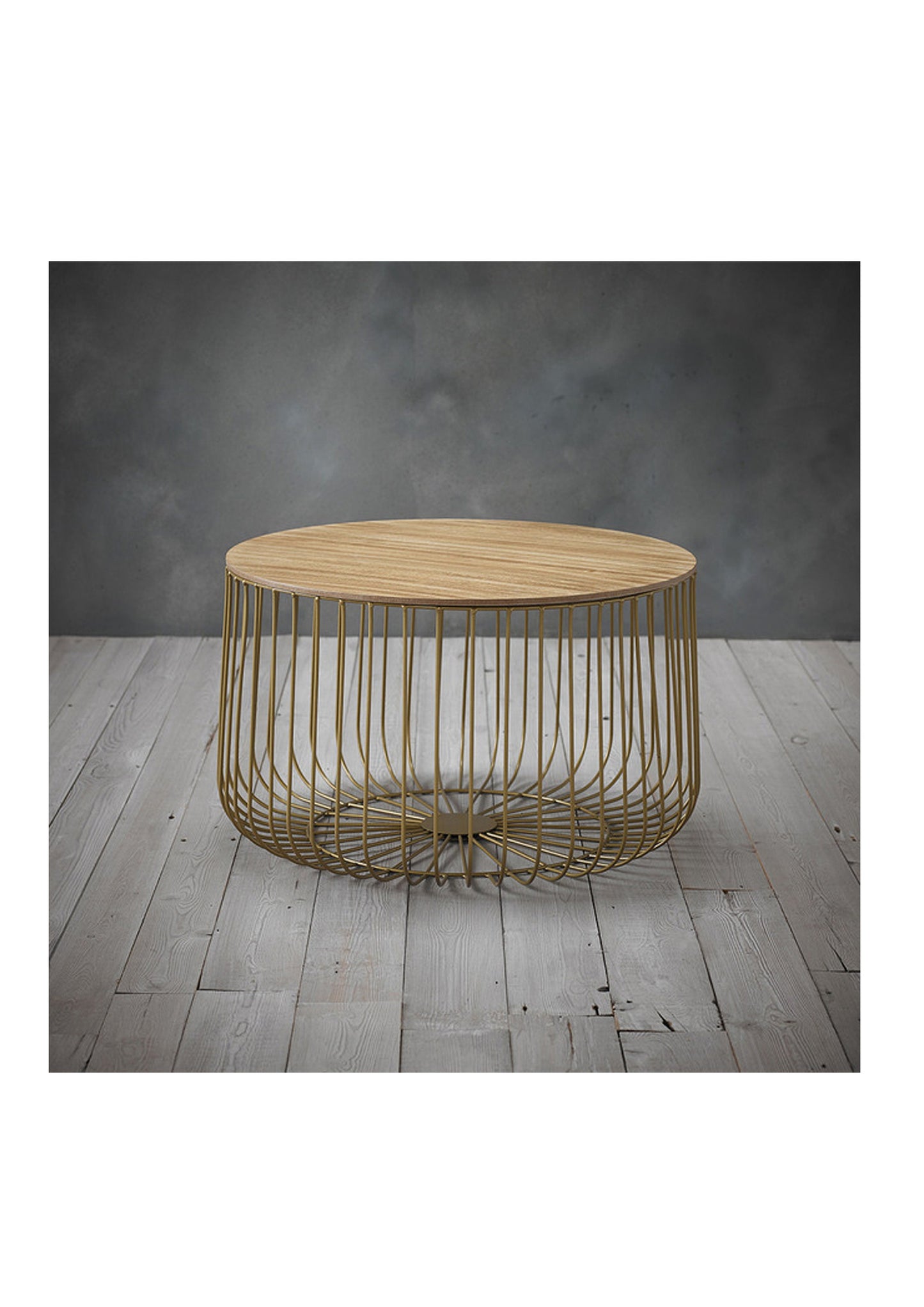 Scandi Large Cage Table Oak Top Gold Frame Coffee Table