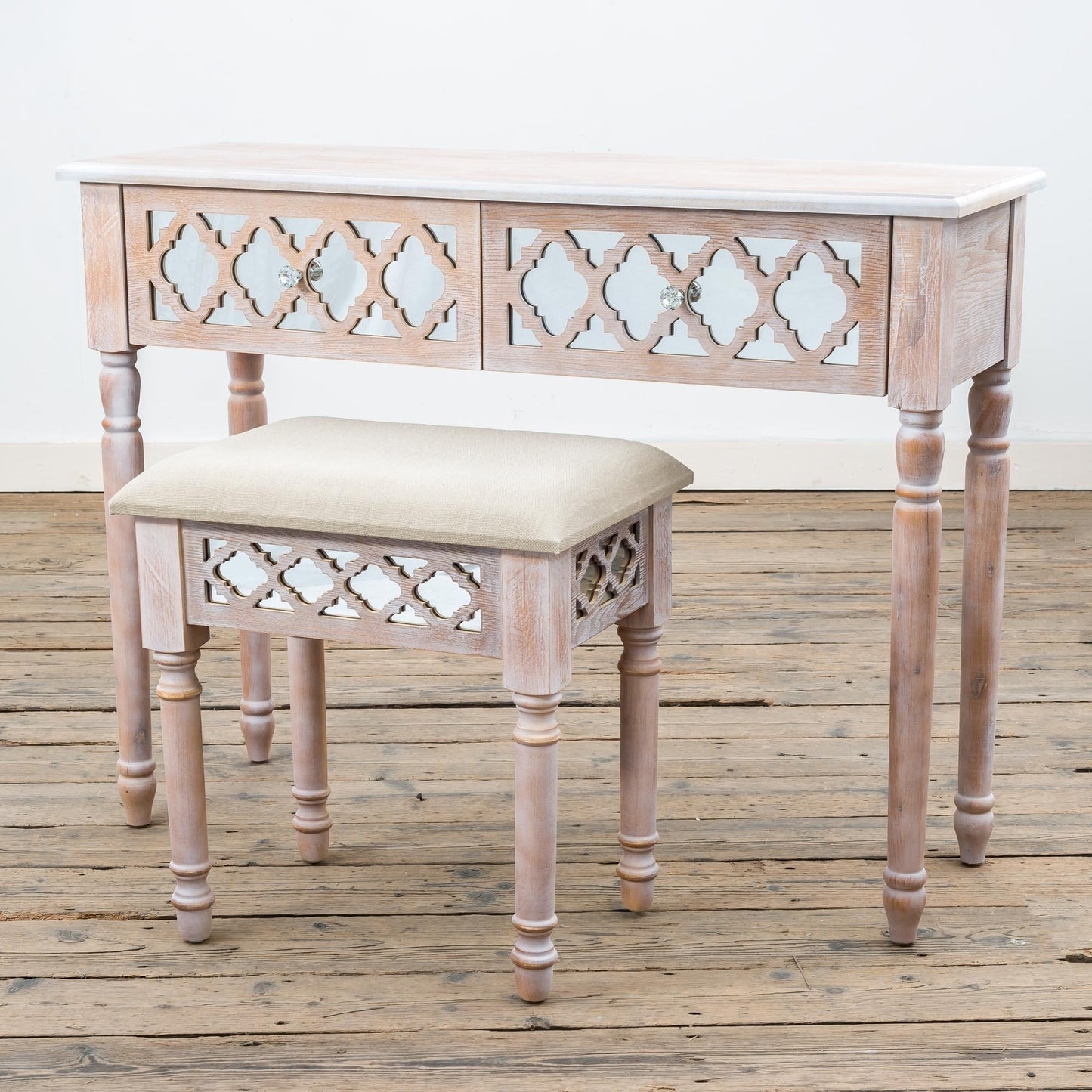 Washed wood effect dressing table and stool