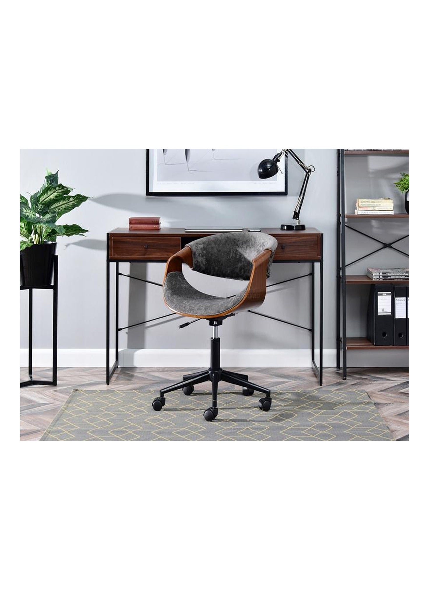 NEW RETRO Style Adjustable Swivel office desk chair grey velour and wood