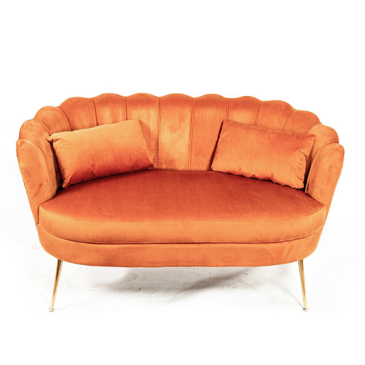 2-Sitzer-Sofa aus Samt in gebranntem Orange/Senfgelb mit goldenen Beinen