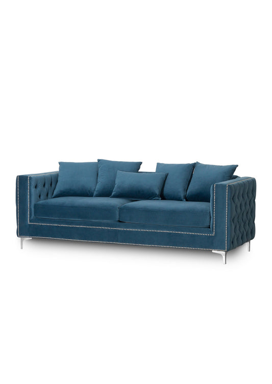 Dreisitzer-Sofa mit Knopfleiste aus blauem Samt