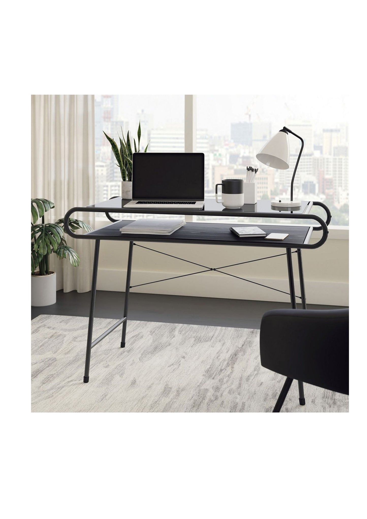 Retro Metal Home office desk with safety-tempered black glass and Misted Elm finish