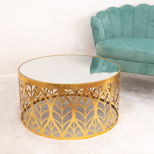 Leaf Design Round Large Coffee Table - Gold Gilt Leaf - Metal & Mirror