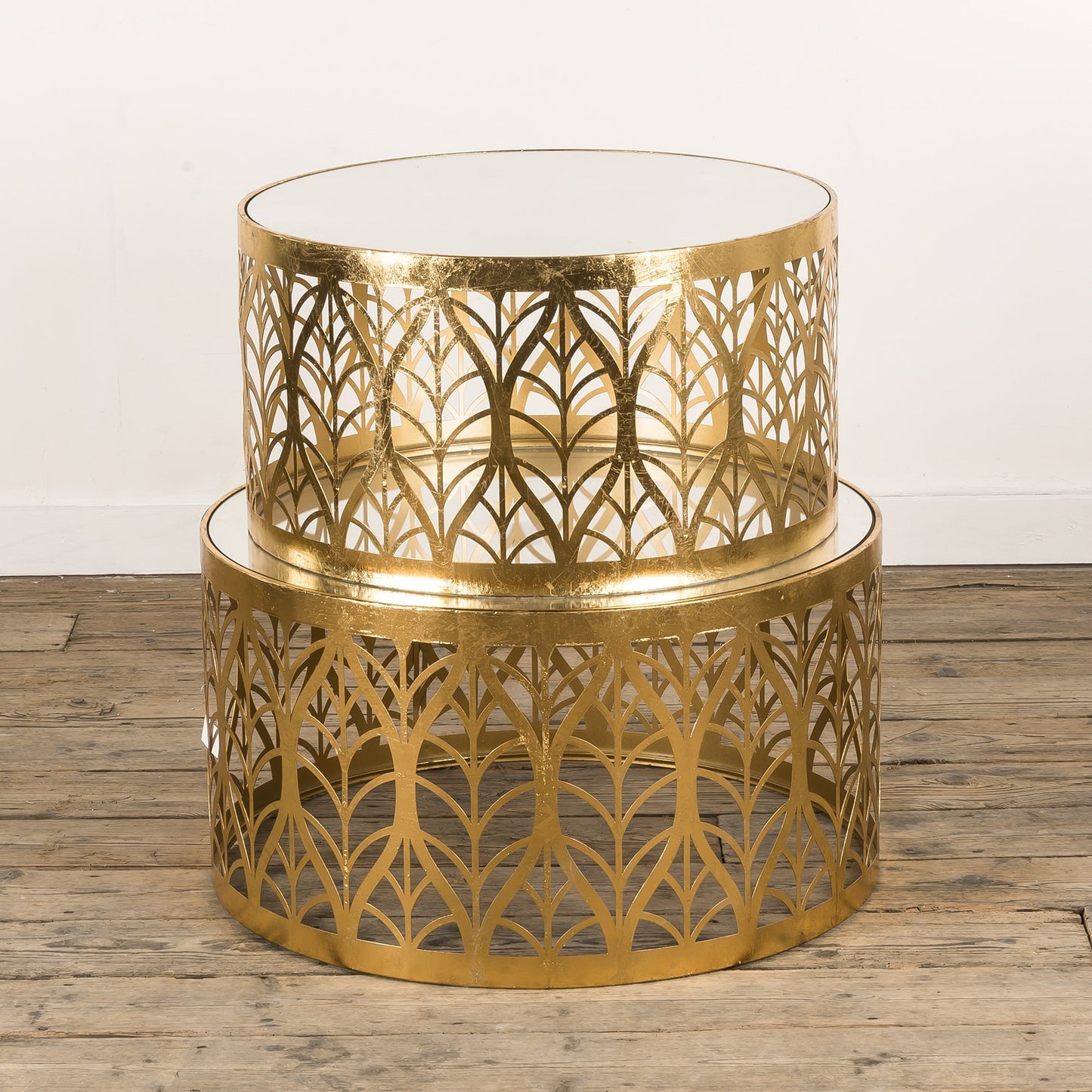 Leaf Design Round Nest of Coffee Tables - Gold Gilt Leaf - Metal & Mirror