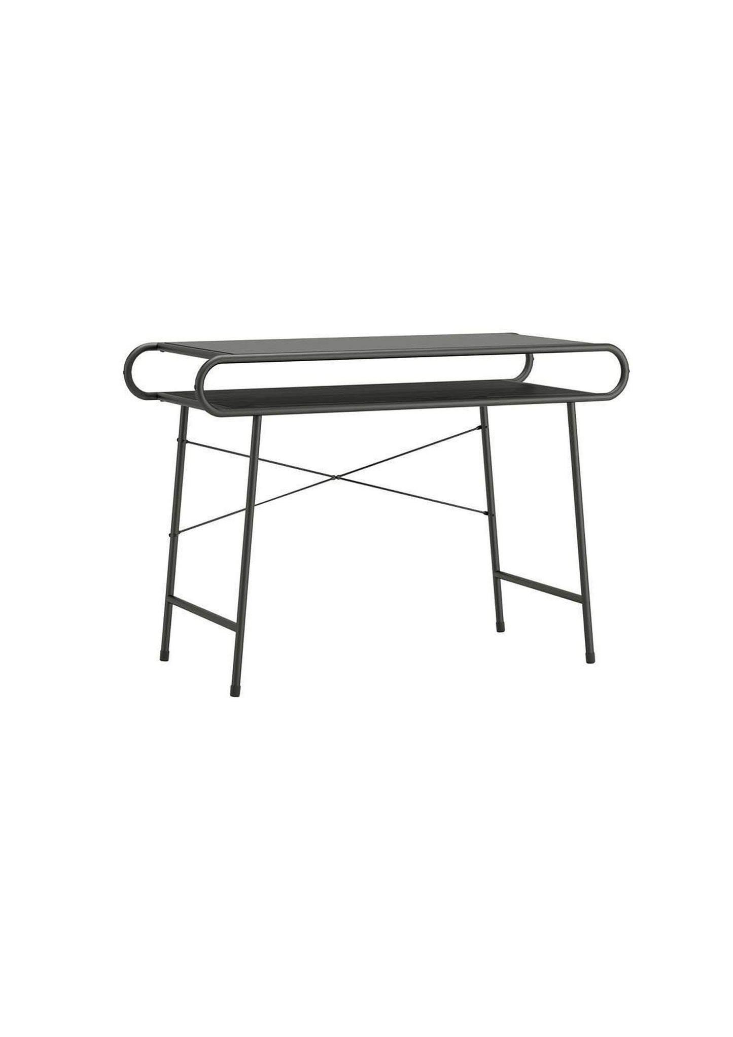Retro Metal Home office desk with safety-tempered black glass and Misted Elm finish