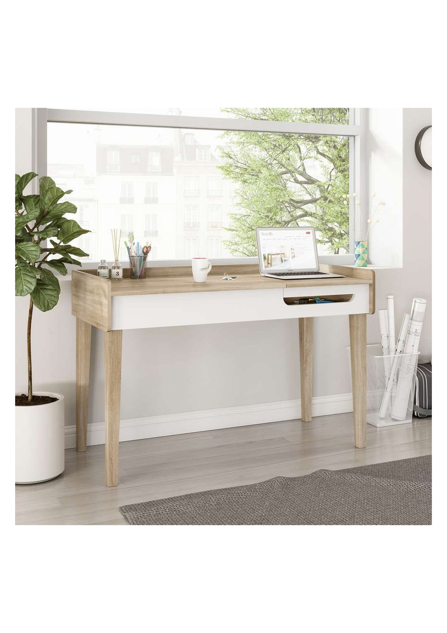 Scandi Home office desk in  Oak effect and white accents with Hidden Compartment
