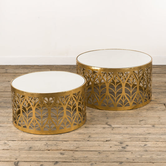 Leaf Design Round Nest of Coffee Tables - Gold Gilt Leaf - Metal & Mirror