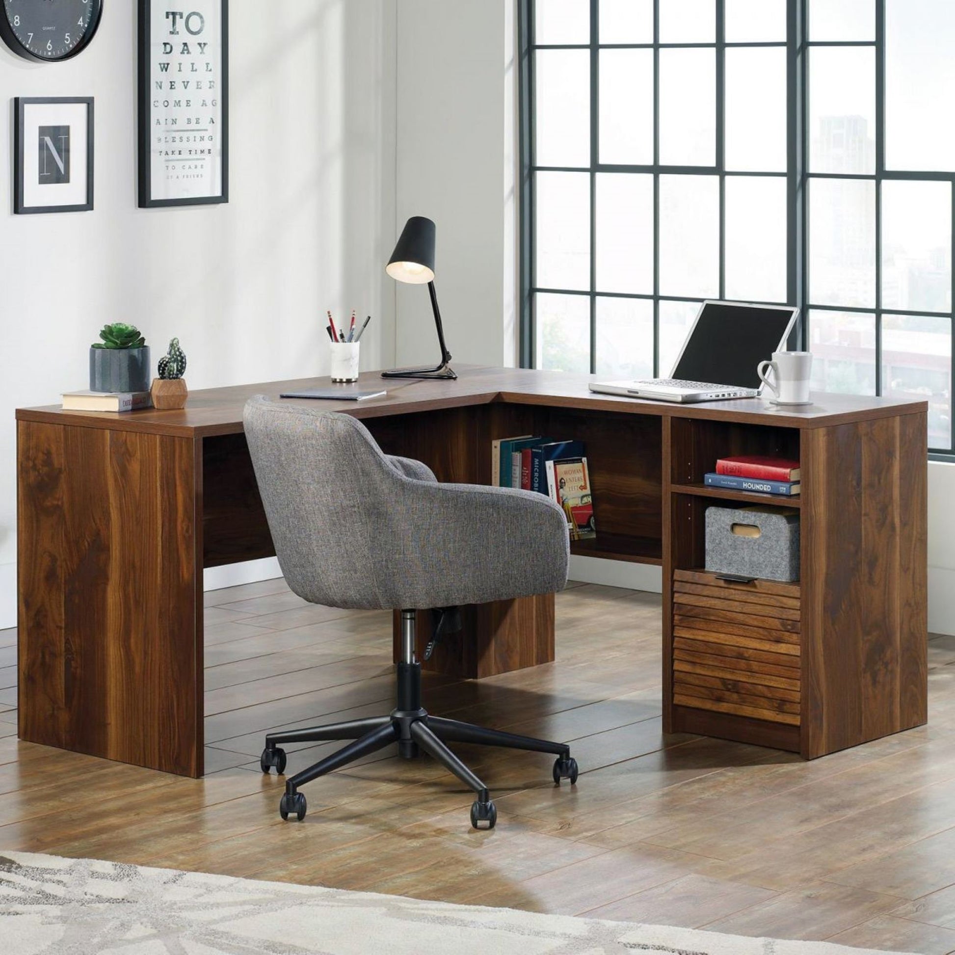 Mid Century style home office L-shaped desk in Grand Walnut finish