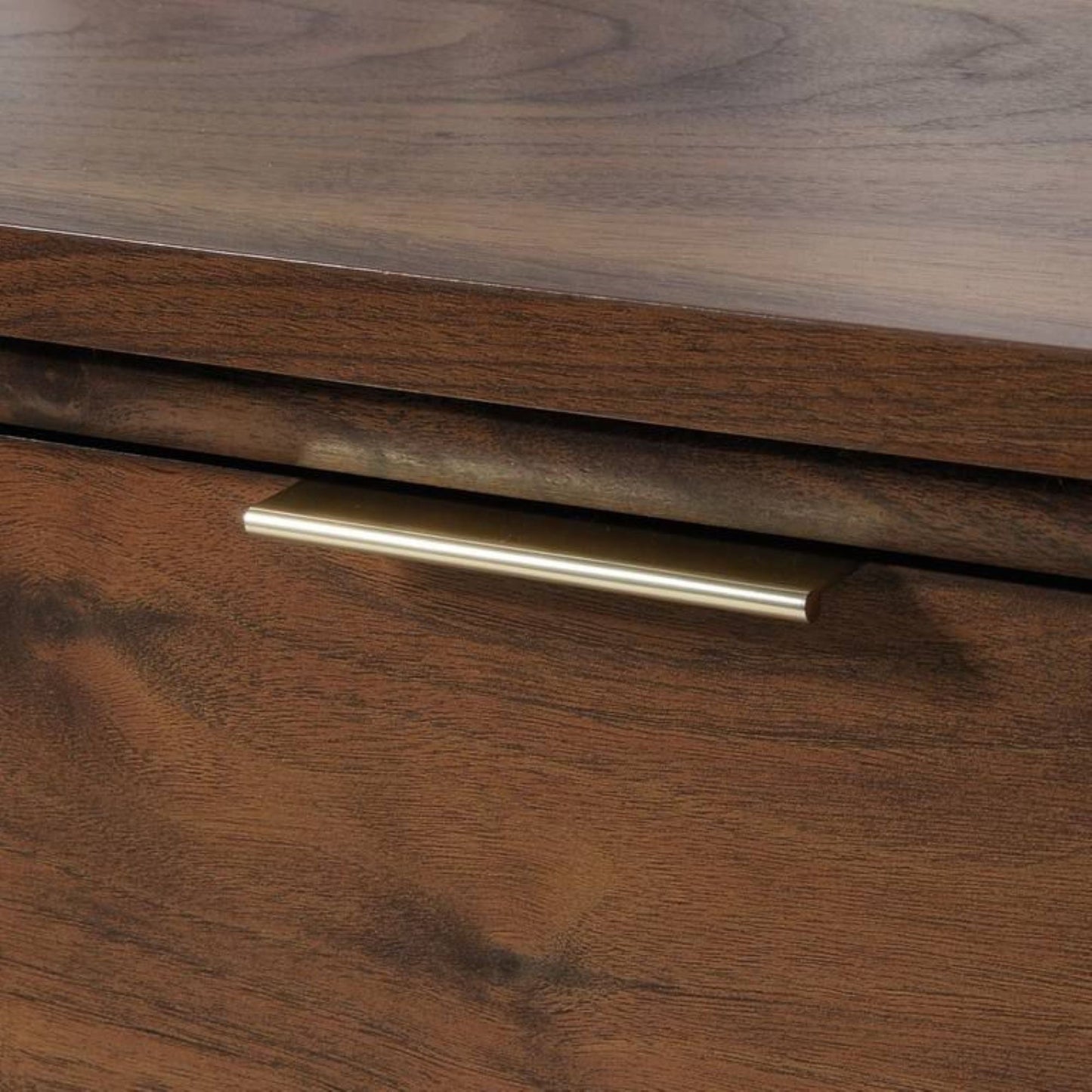 Elegant lateral filer in Walnut finish in Smart Mid Century/ Retro styling with brass handles