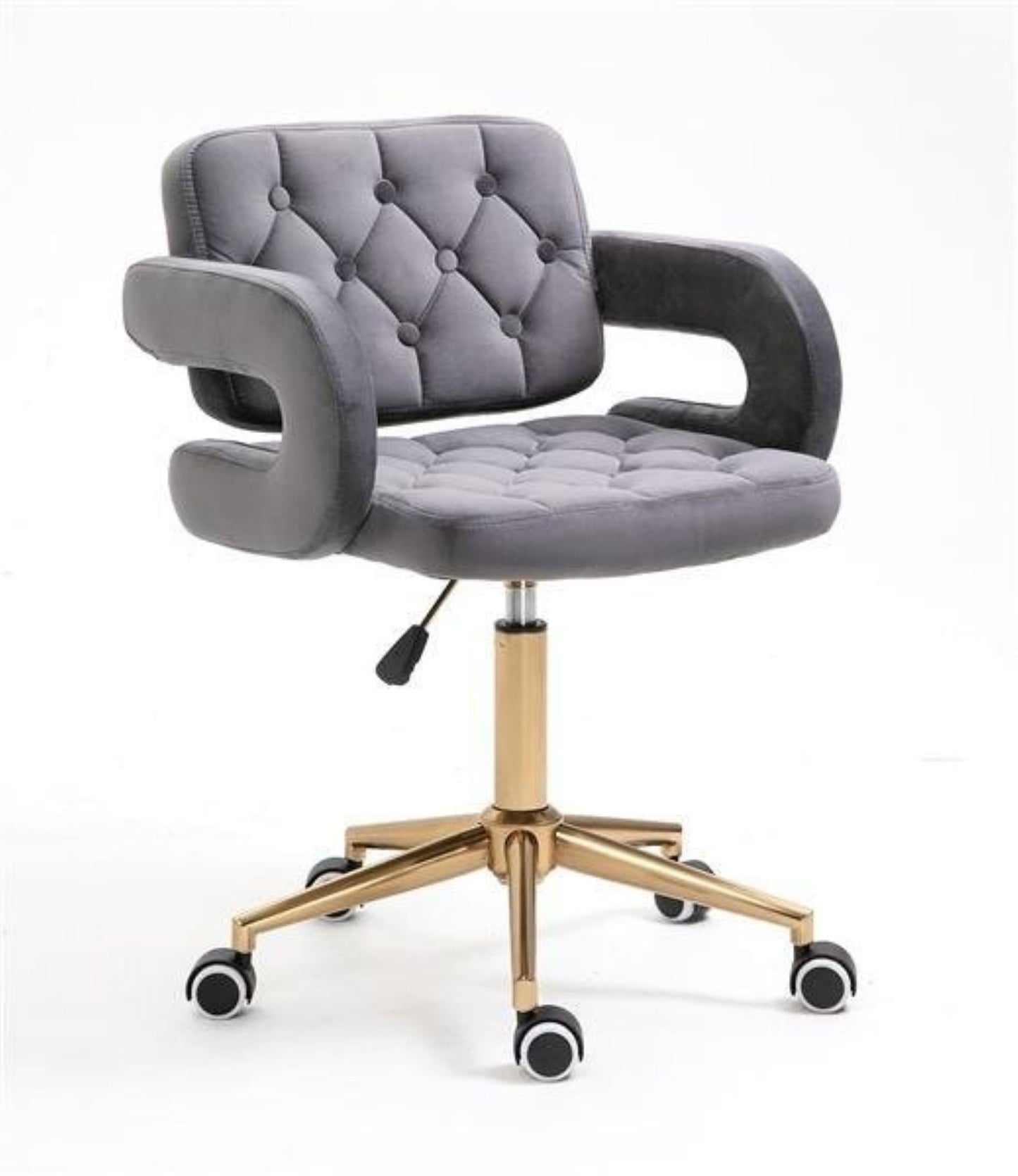 Designer adjustable velvet swivel office/desk chair with gold base in Green/Grey/ Lilac/ Pink