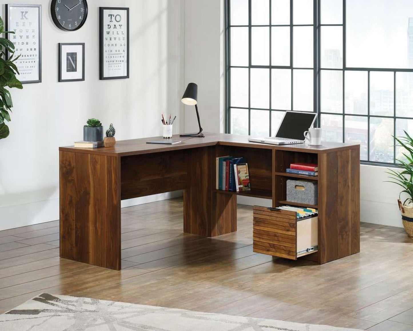 Retro / Mid Century style home office L-shaped office desk in Walnut finish
