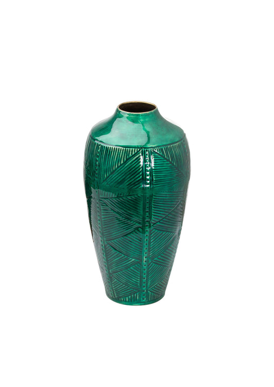 Brass embossed Ceramic Emerald Green Urn Vase