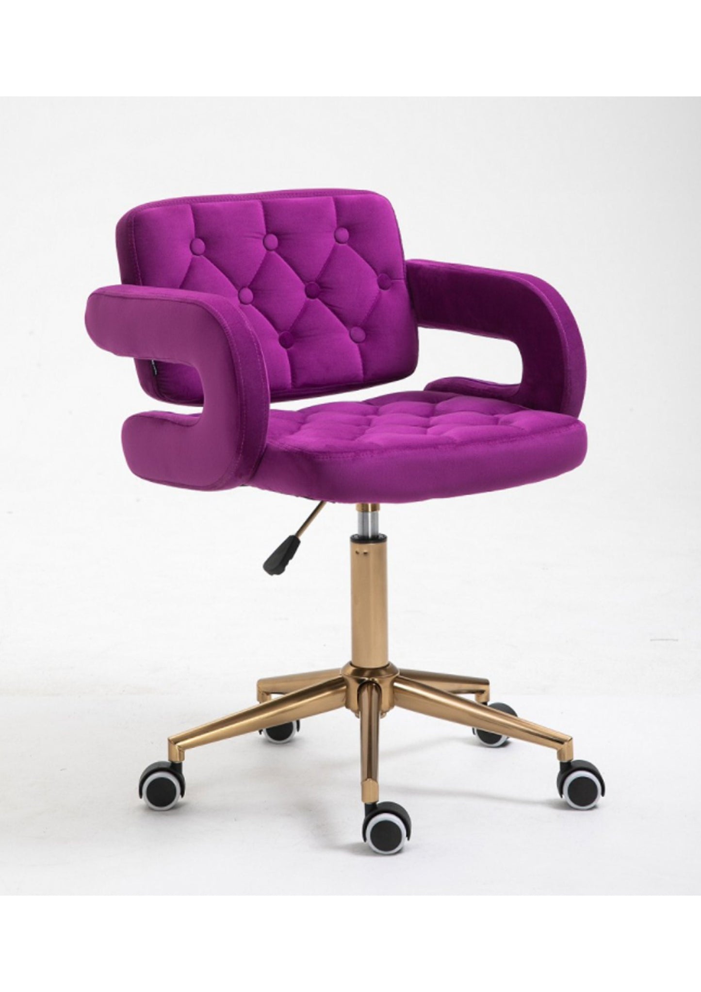 Designer adjustable velvet swivel office/desk chair with gold base in Green/Grey/ Lilac/ Pink