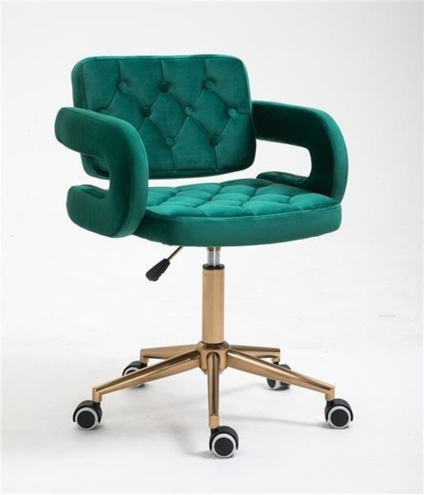 Designer adjustable velvet swivel office/desk chair with gold base in Green/Grey/ Lilac/ Pink