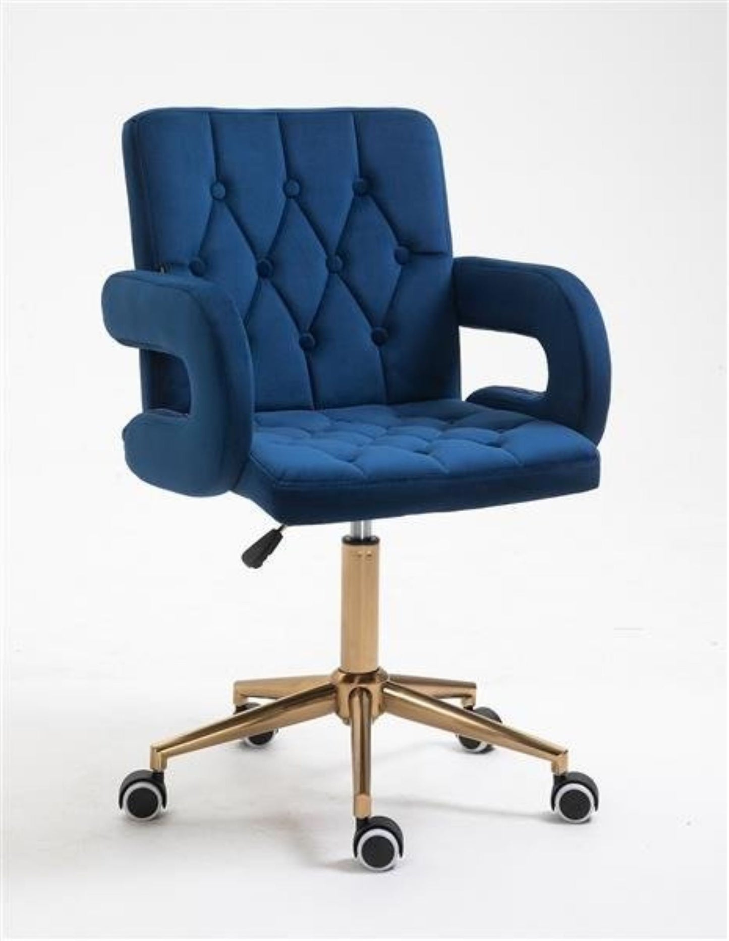 Designer velvet adjustable armchair office/desk chair with gold swivel base in ink Blue / Green/ Lilac / Pink/ Black Grey