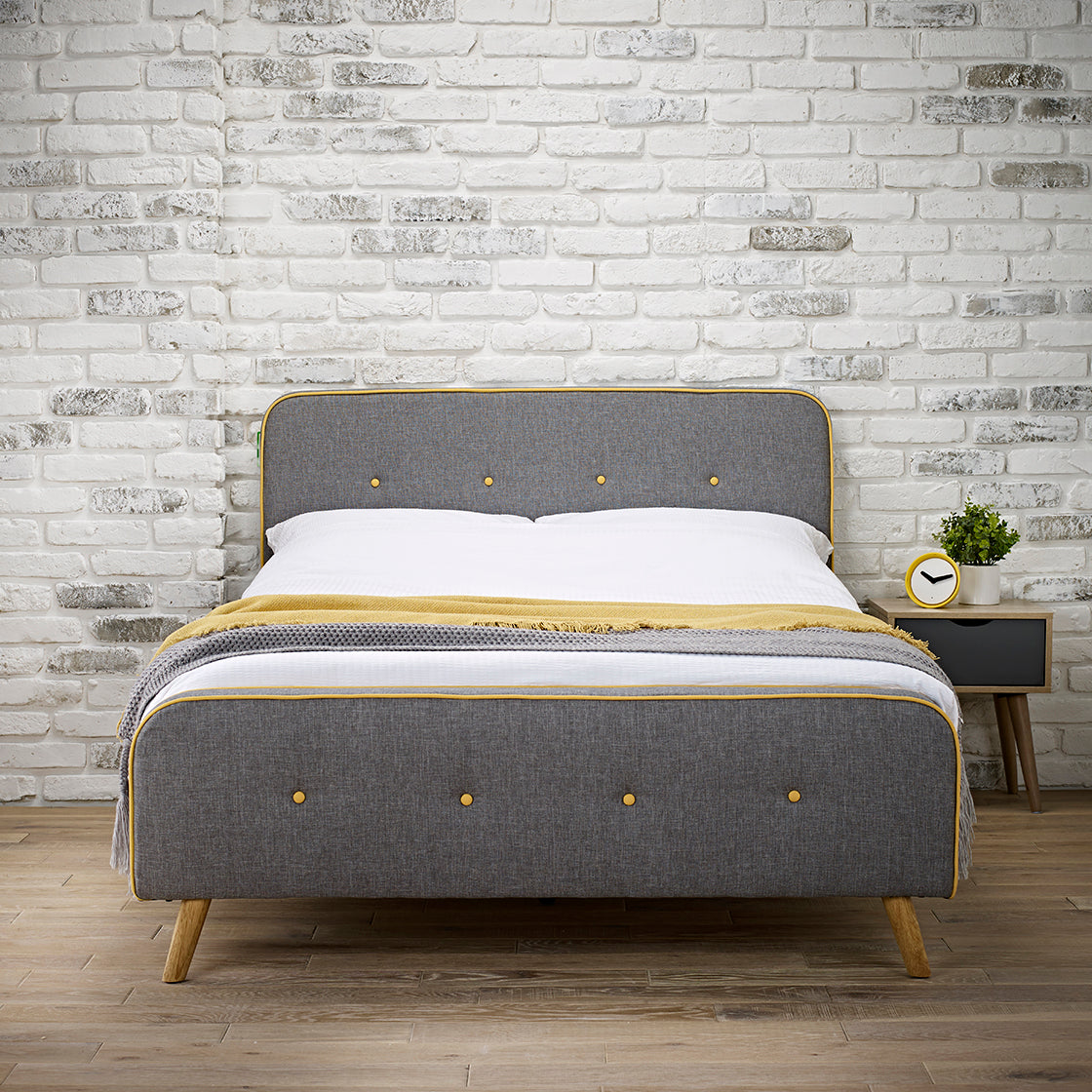 Grey and Yellow Scandi Style Double Bed With Buttons