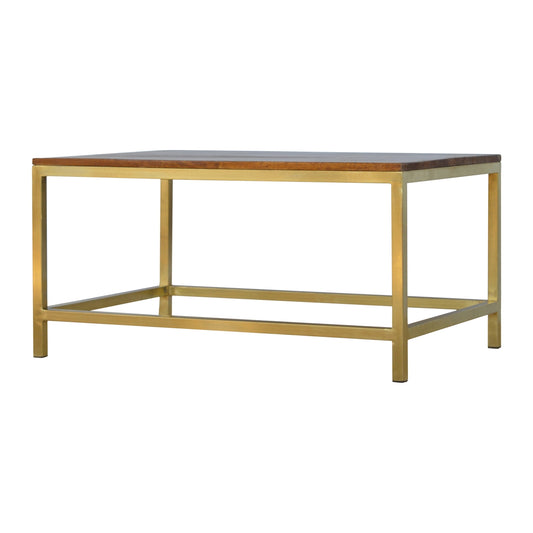 Rectangular Coffee Table with Gold Base and Wooden Top