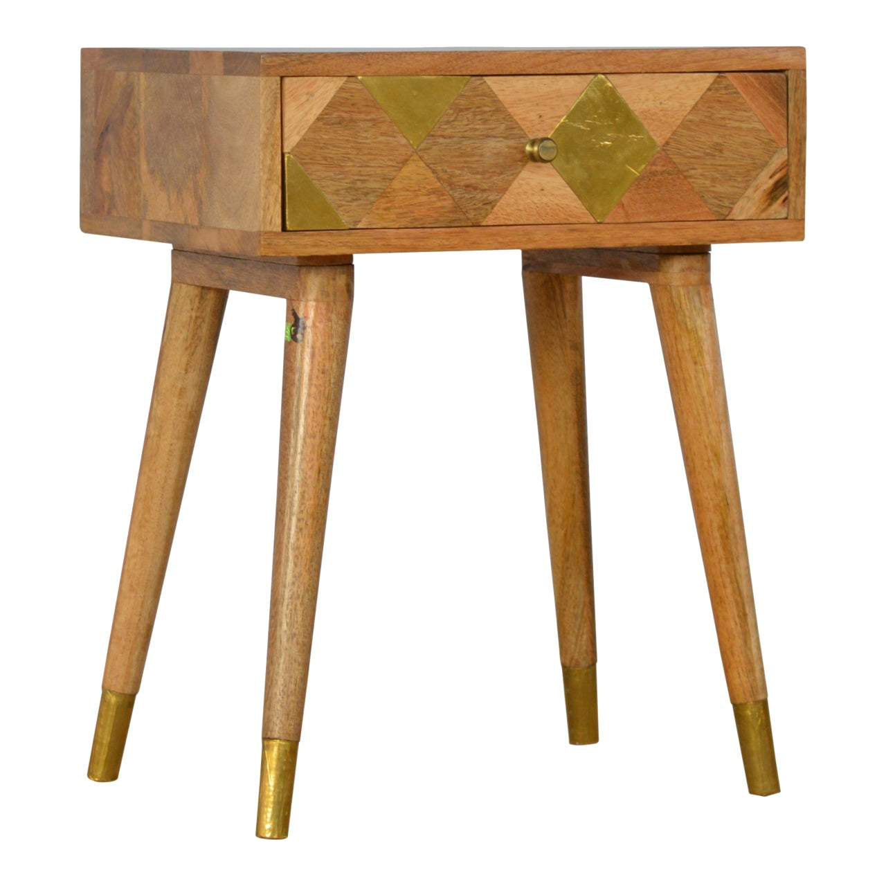 Oak-ish Gold Brass Inlay and Wood Bedside Table