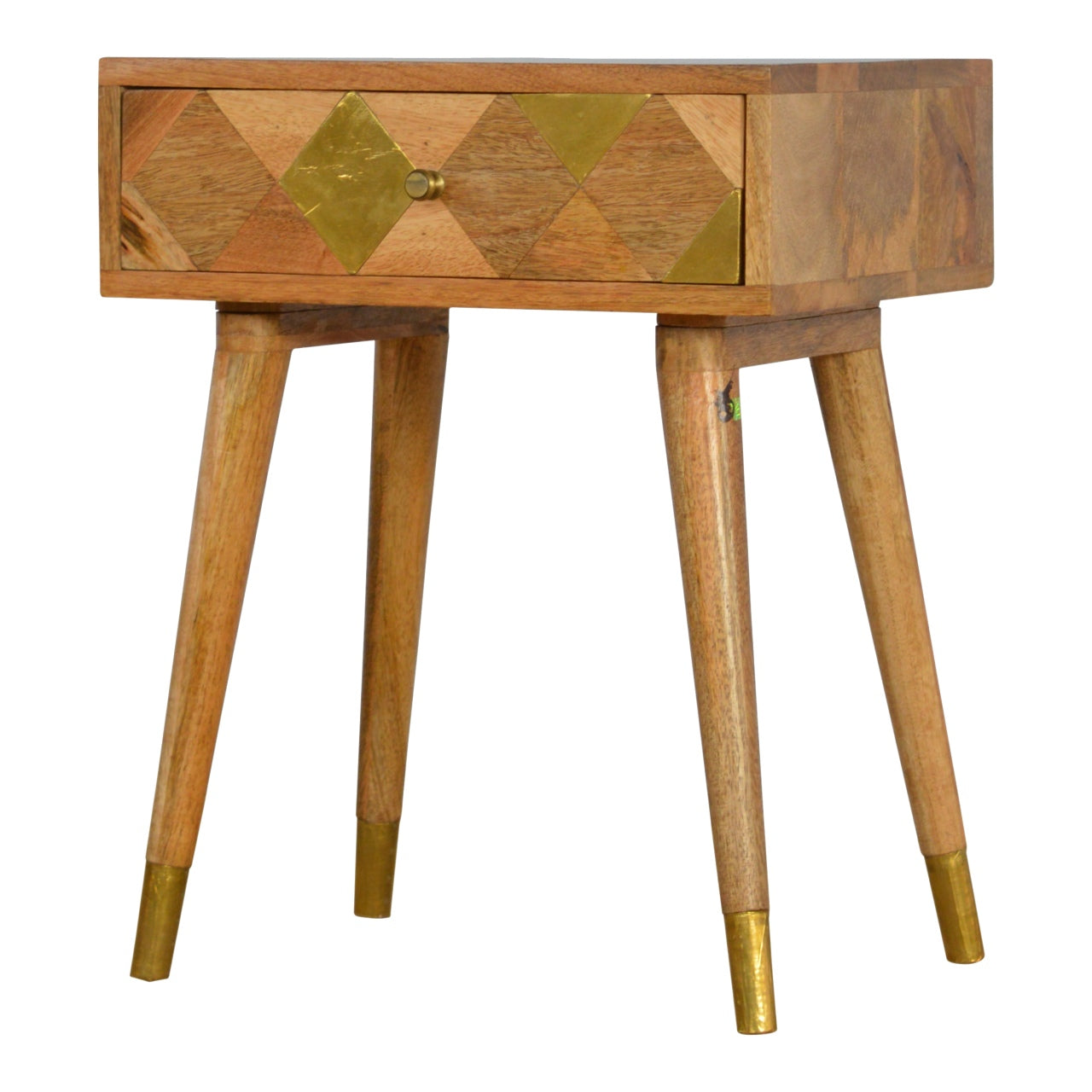 Oak-ish Gold Brass Inlay and Wood Bedside Table