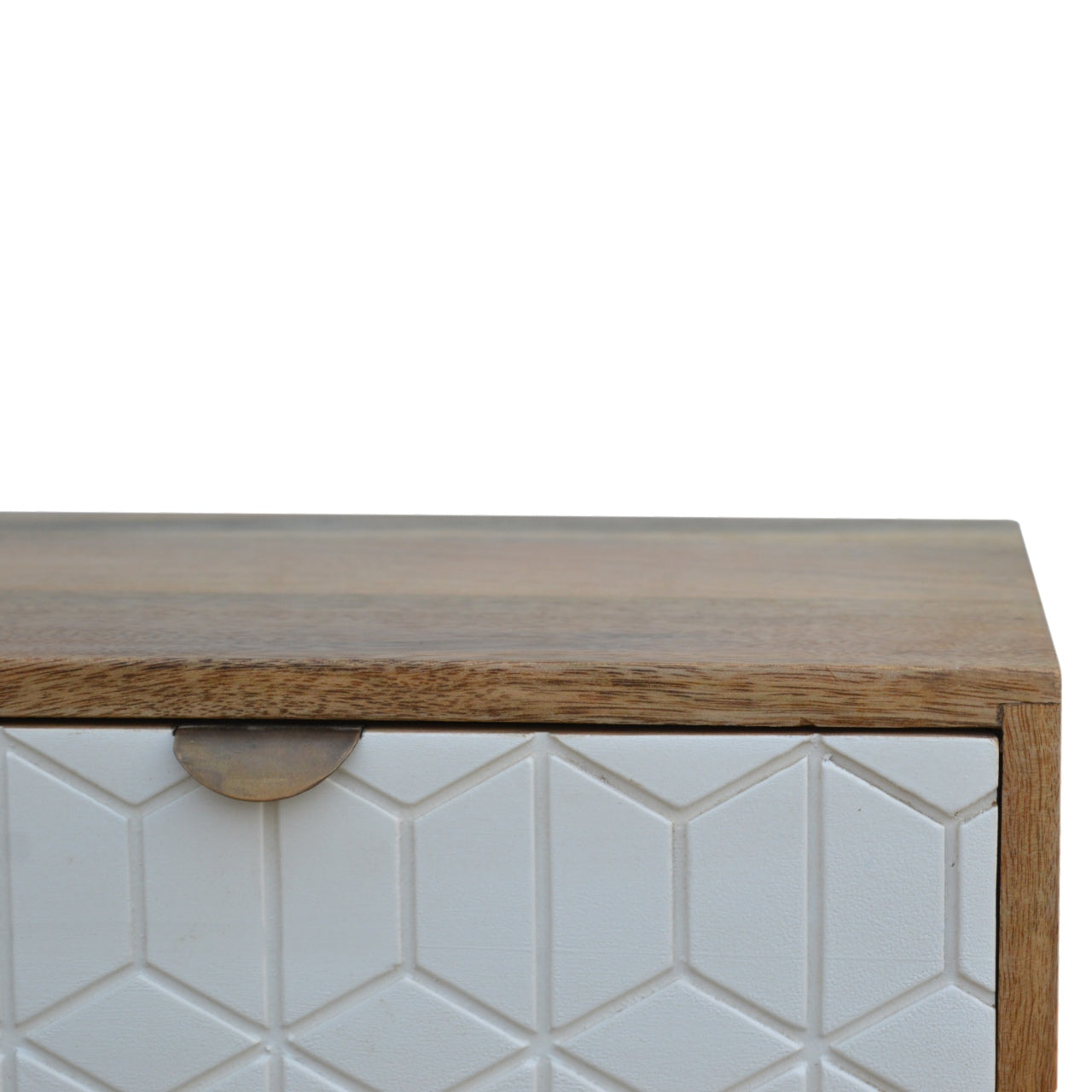 Sleek White and Wood Carved Bedside Table