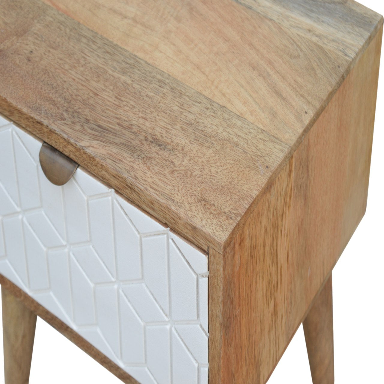 Sleek White and Wood Carved Bedside Table