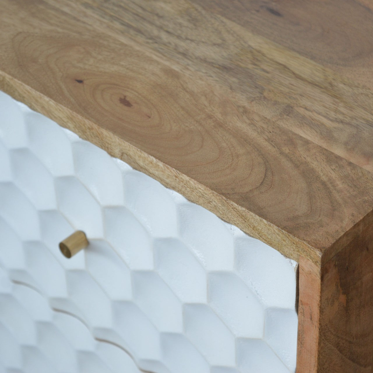 Honeycomb Carved Bedside Table Wood and White with 2 Drawers and Gold Handles