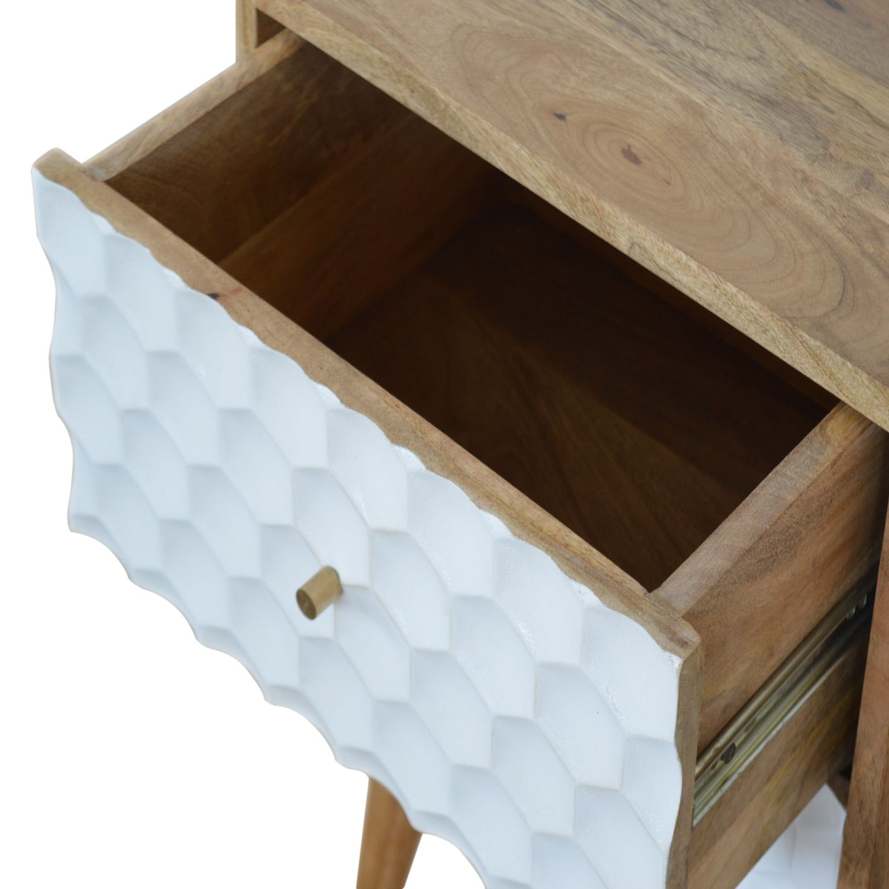 Honeycomb Carved Bedside Table Wood and White with 2 Drawers and Gold Handles